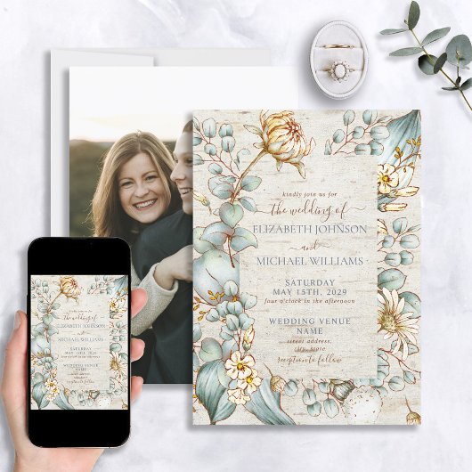 Rustic Dusty Blue & Gold Floral Greenery Foto Kaart