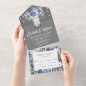 Rustic Dusty Blue Grey Floral Mason Jar Wedding All In One Uitnodiging (Afscheurbaar)
