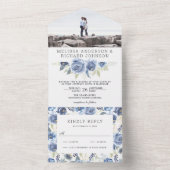 Rustic Dusty Blue Grey Floral Photo Wedding All In One Uitnodiging (Binnen)