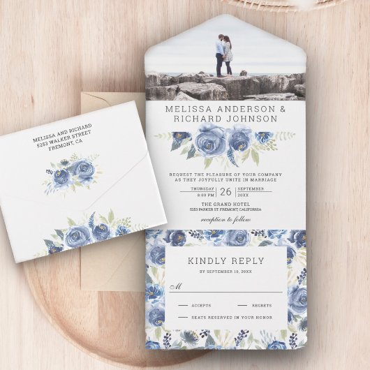 Rustic Dusty Blue Grey Floral Photo Wedding All In One Uitnodiging