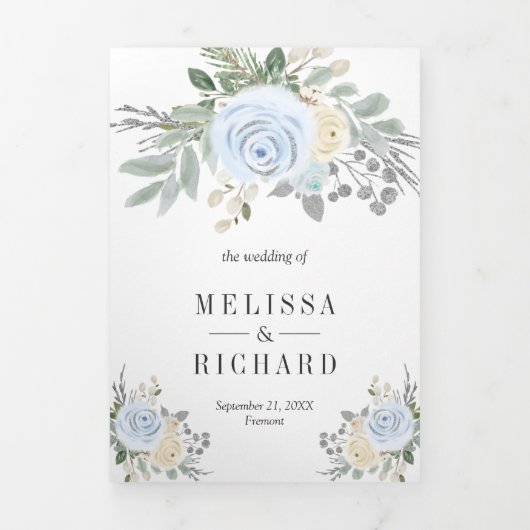 Rustic Dusty Blue Ivory Floral in één bruiloft Drieluik Uitnodiging (Cover)