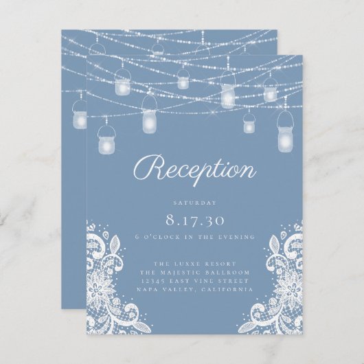 Rustic Dusty Blue Lights Wedding Reception Informatiekaartje (Voorkant / Achterkant)