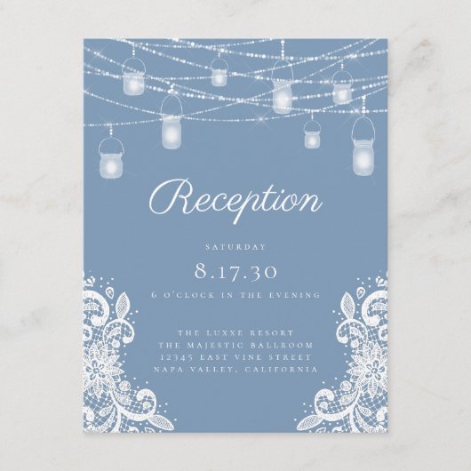 Rustic Dusty Blue Lights Wedding Reception Informatiekaartje (Voorkant)