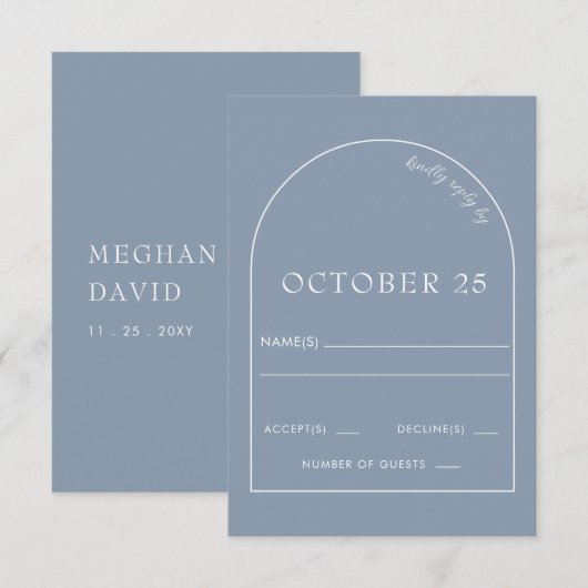 Rustic Dusty Blue Modern Arch Wedding RSVP Kaartje (Voorkant / Achterkant)
