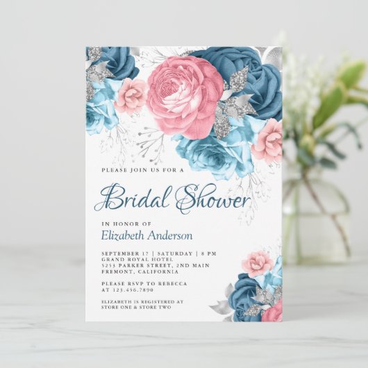 Rustic Dusty Blue Pink Floral Roos Vrijgezellenfee Kaart (Staand voorkant)