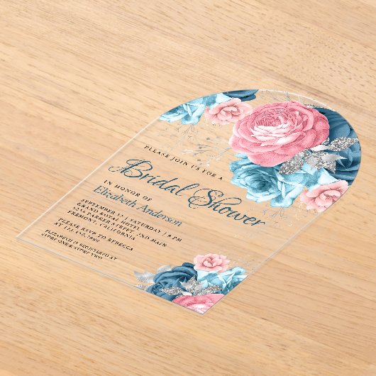 Rustic Dusty Blue Pink Floral Rose Bridal Shower Acryl Uitnodigingen (Laagn)