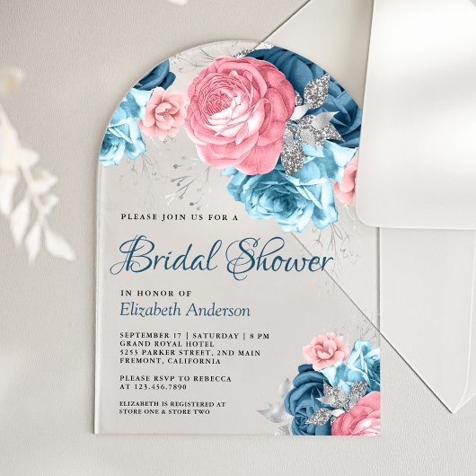 Rustic Dusty Blue Pink Floral Rose Bridal Shower Acryl Uitnodigingen