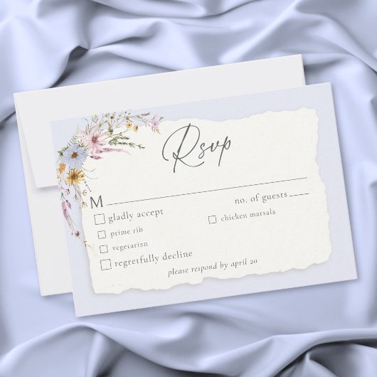 Rustic Dusty Blue Romantic Wildflower Wedding RSVP Kaartje