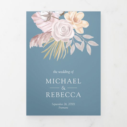 Rustic Dusty Blue Roos Pink Floral QR Code Weddens Drieluik Uitnodiging (Cover)