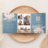 Rustic Dusty Blue Roos Pink Floral QR Code Weddens Drieluik Uitnodiging