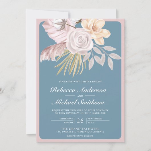 Rustic Dusty Blue Roos Pink Floral QR Code Weddens Kaart (Voorkant)