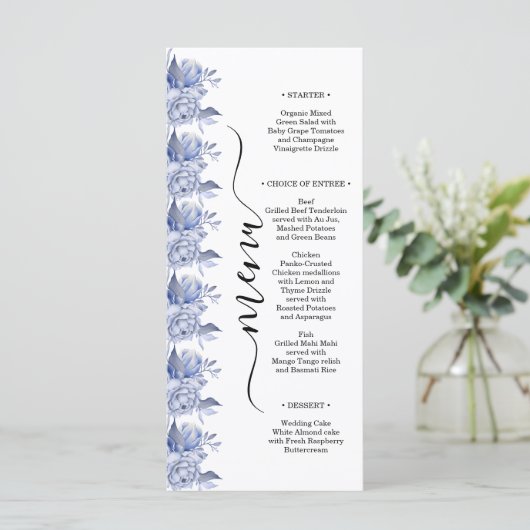 rustic dusty blue roses and other flowers menu (Staand voorkant)