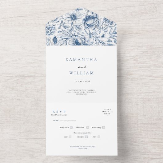 Rustic Dusty Blue Roses & Eucalyptus RSVP Wedding  All In One Uitnodiging (Binnen)