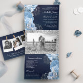 Rustic Dusty Blue Rozen Floral Photo Navy Wedding Drieluik Uitnodiging