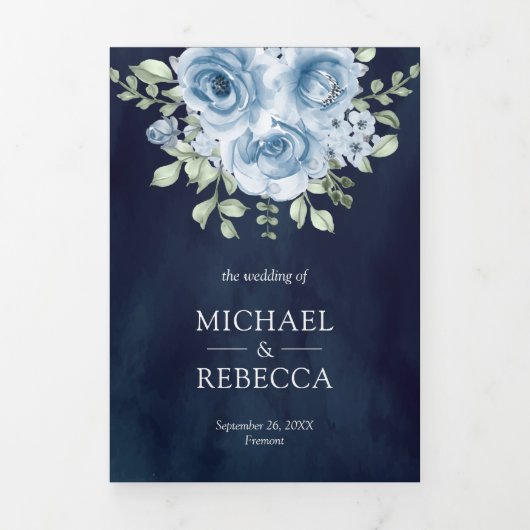 Rustic Dusty Blue Rozen Photo Navy Blue Wedding Drieluik Uitnodiging (Cover)