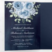 Rustic Dusty Blue Rozen Photo Navy Blue Wedding Drieluik Uitnodiging (Binnenzijde eerst)