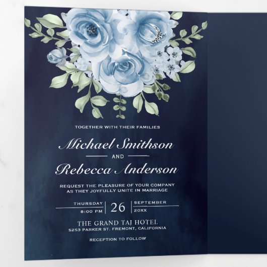 Rustic Dusty Blue Rozen Photo Navy Blue Wedding Drieluik Uitnodiging (Binnenzijde eerst)