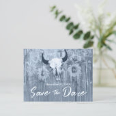 Rustic Dusty Blue Sunflower Bull Skull Aankondigingskaart (Staand voorkant)