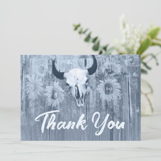 Rustic Dusty Blue Sunflower Bull Skull Bedankkaart (Staand voorkant)