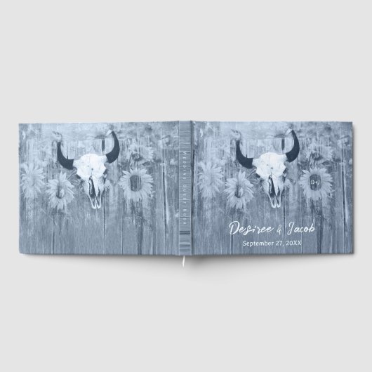 Rustic Dusty Blue Sunflower Bull Skull Gastenboek (Volledig)