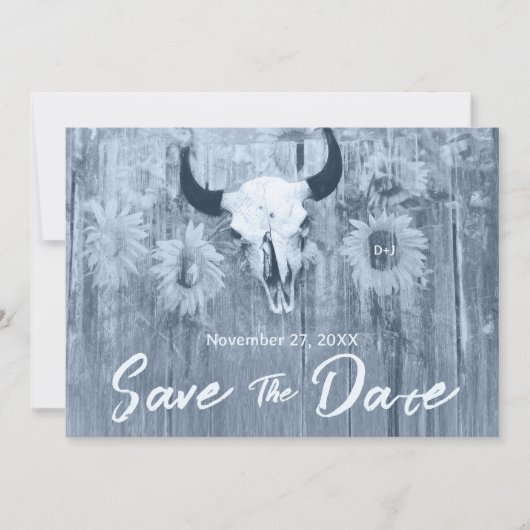 Rustic Dusty Blue Sunflower Bull Skull Save The Date (Voorkant)
