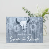 Rustic Dusty Blue Sunflower Bull Skull Save The Date (Staand voorkant)