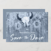 Rustic Dusty Blue Sunflower Bull Skull Save The Date (Voorkant / Achterkant)