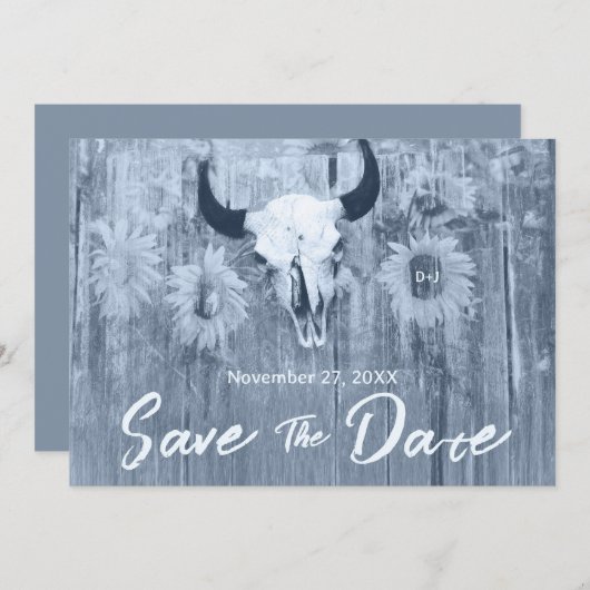 Rustic Dusty Blue Sunflower Bull Skull Save The Date (Voorkant / Achterkant)
