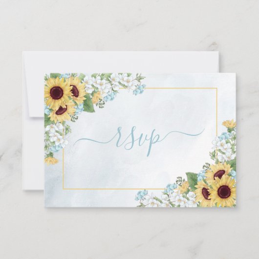 Rustic Dusty Blue Sunflower Floral maaltijden RSVP (Voorkant)