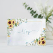 Rustic Dusty Blue Sunflower Floral maaltijden RSVP (Staand voorkant)