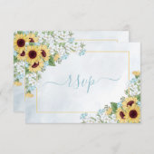 Rustic Dusty Blue Sunflower Floral maaltijden RSVP (Voorkant / Achterkant)