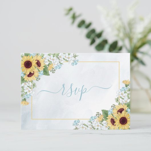 Rustic Dusty Blue Sunflower Floral maaltijden RSVP Kaartje (Staand voorkant)