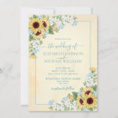 Rustic Dusty Blue Sunflower Floral Photo Weddensch Kaart (Voorkant)
