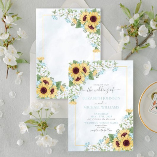 Rustic Dusty Blue Sunflower Floral Weddenschap Kaart