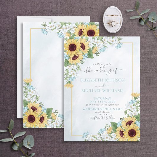 Rustic Dusty Blue Sunflower Floral Weddenschap Kaart