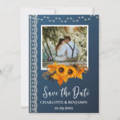 Rustic Dusty Blue Sunflower & Lace Wedding Save The Date (Voorkant)