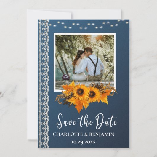 Rustic Dusty Blue Sunflower & Lace Wedding Save The Date (Voorkant)