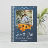 Rustic Dusty Blue Sunflower & Lace Wedding Save The Date (Staand voorkant)