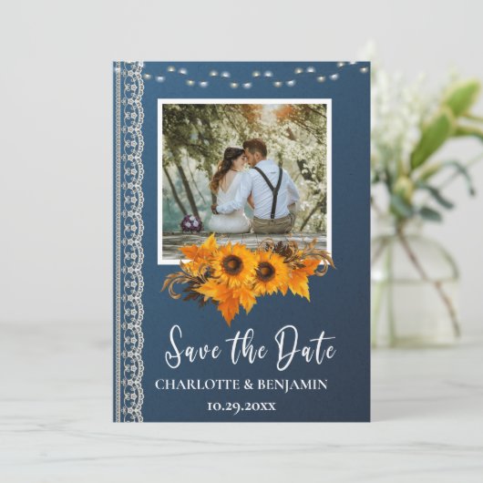 Rustic Dusty Blue Sunflower & Lace Wedding Save The Date (Staand voorkant)