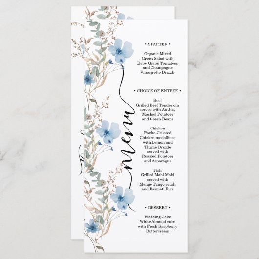 rustic dusty Blue watercolor flower bouquet Menu (Voorkant / Achterkant)