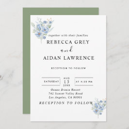 rustic dusty blue watercolor flowers & leaves kaart