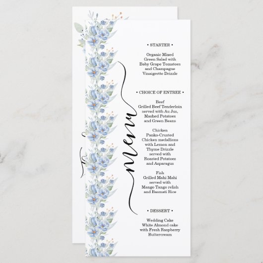 rustic dusty blue watercolor flowers & leaves menu (Voorkant / Achterkant)