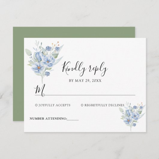 rustic dusty blue watercolor flowers & leaves RSVP kaartje (Voorkant / Achterkant)