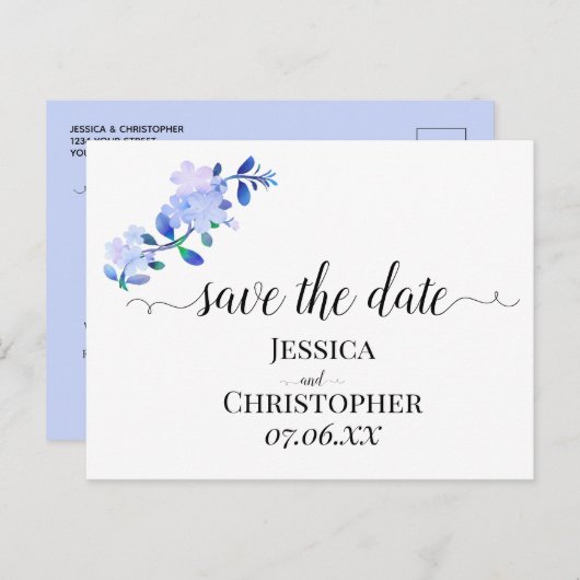 rustic dusty blue watercolor-style flower & leaves aankondigingskaart (Voorkant / Achterkant)