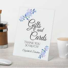 rustic dusty blue watercolor-style flower & leaves reclamebord met voetstuk