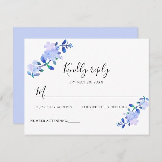 rustic dusty blue watercolor-style flower & leaves RSVP kaartje (Voorkant / Achterkant)