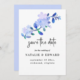 rustic dusty blue watercolor-style flower & leaves save the date