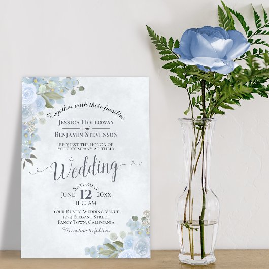 Rustic Dusty Blue Waterverf Floral Chic Wedding Kaart