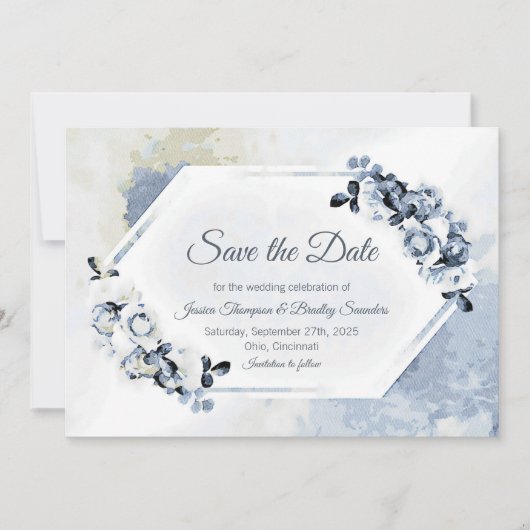 Rustic Dusty Blue Waterverf Floral Save The Date (Voorkant)