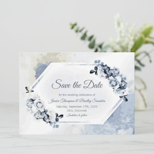 Rustic Dusty Blue Waterverf Floral Save The Date (Staand voorkant)